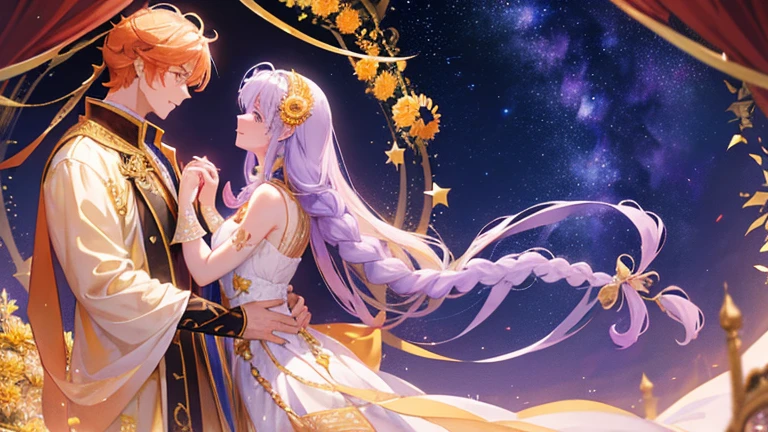 handsome boy, orange hair, different eye colors, royal clothes, gold wings, chrysanthemums, anime 8k resolution, skybeutiful girl, light purple hair, long braid hair, galaxy, royal clothes, star, night sky, couple, romantic pose, huge
