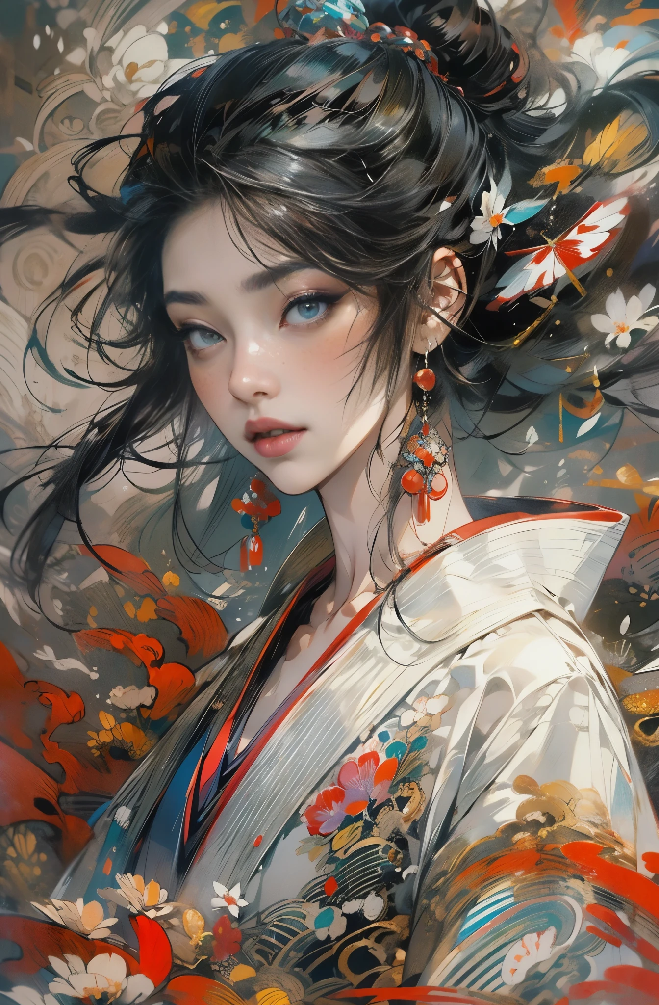 Beautiful demon painting, SakuraFubuki, Senbonzakura, Cherry blossoms scattered in the wind, Zeami, Big Yokai, Low exposure, Queen of the Monsters, empress of fear, queen of hell, Six Paths of Reincarnation, Beauty of the Leaning Country, beautiful black haired devil, Beautiful red make-up, white face, nine tailed fox, she looks 27 years old, Dream of a butterfly, Sharp beauty, Bewitching, Chinese peony, peony, lily flower, Beautiful red kimono, Oiran, The highest ranking prostitute, Hundred flowers in abundance, flower of slaughter, Female Yakuza, ruler of the red light district, Beautiful and expressive paintings, Beautiful artwork illustration, wonderful, cool beauty, clear, Muromachi Fantasy, Mysterious, highest quality, official art, perfect composition, perfect angle, best shot, women only, sharp outline, pretty much beautiful face, very beautiful and detailed eyes, beautiful and delicate eyes, demon of kyoto, Lord of Demon Charms, Cold-hearted demon woman, phantom, Hyakki Night Line, Shura Road, Female Yakuza, full body tattoo, underworld, diamond, Rashomon, Gion Seisha, Snow Moon Wind Flowers, The action is permanent, Under the light of the meteor, flying flowers and fallen leaves, Dream Bubble, Close-up: Ultra-detailed paintings inspired by WLOP, art station trends, fantasy art, A complicated mess, The art of hitting, wallop art, WLOP |, wallop style, beautiful character drawings, Wlop painting style, WLOP | germ of art, Unparalleled Beauty Tumbler, figurative art, intense watercolor, watercolor detailed art, watercolor splash, surreal, avant-garde pop art, Beautiful and expressive paintings, Beautiful artwork illustration, very colorful tones, wonderful, cool beauty, masterpiece, highest quality, official art, women only, sharp outline, best shot, vector art, Written by Sandra Chevrier, dave mckean、By Richard Avedon、Written by Makiezi Kusiala, luminous design
