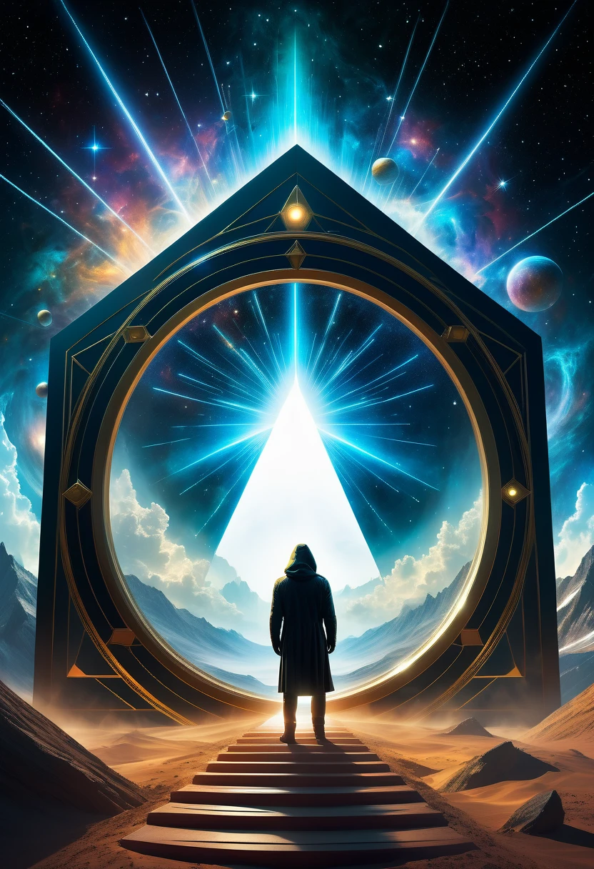 Giant triangle cybernetics，Magnificent cosmic starry sky background，Intricate illustration in surreal art style，surreal dream，Dubrec style，Transparent geometric shape close-up，（multiple exposure：1.8），A man stood in the doorway，Alphad&#39;s image with a star in the sky, Entering the ethereal realm, A portal to another universe, The gateway to the ethereal realm, artgem and beeple masterpiece, portal to another dimension, futuristic stargate, door to universe, Movie Bee, Jessica Rossier Fantasy Art