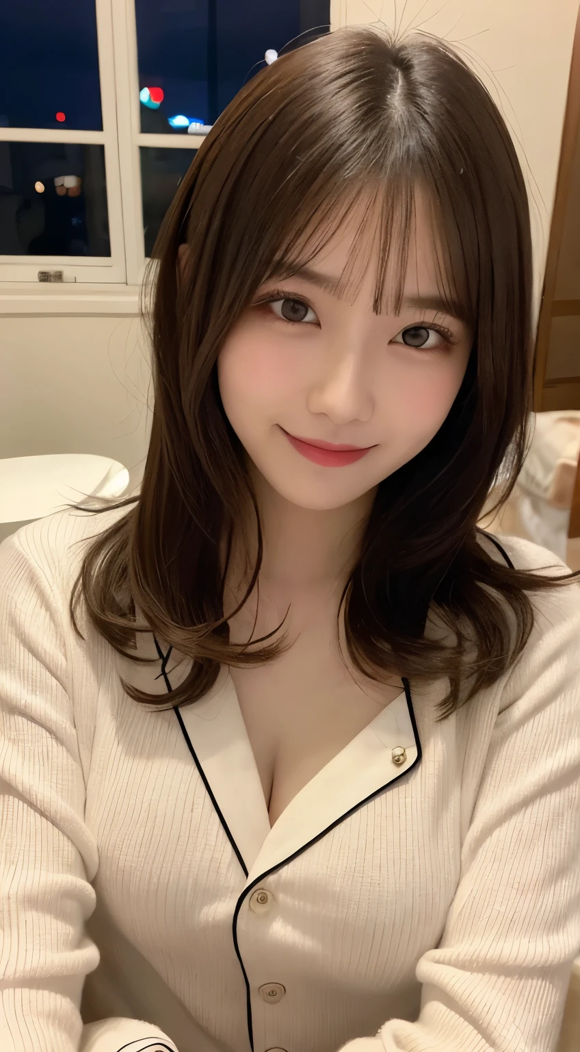 table top, highest quality, shape, Super detailed, small details, High resolution, 8k wallpaper, 完璧なダイナミックな構shape, fine and beautiful eyes, long sleeve knit,bob hair, middle of chest, natural color lips, random sexy pose,smile,20 year old girl,big breasts,night view、room、pajamas