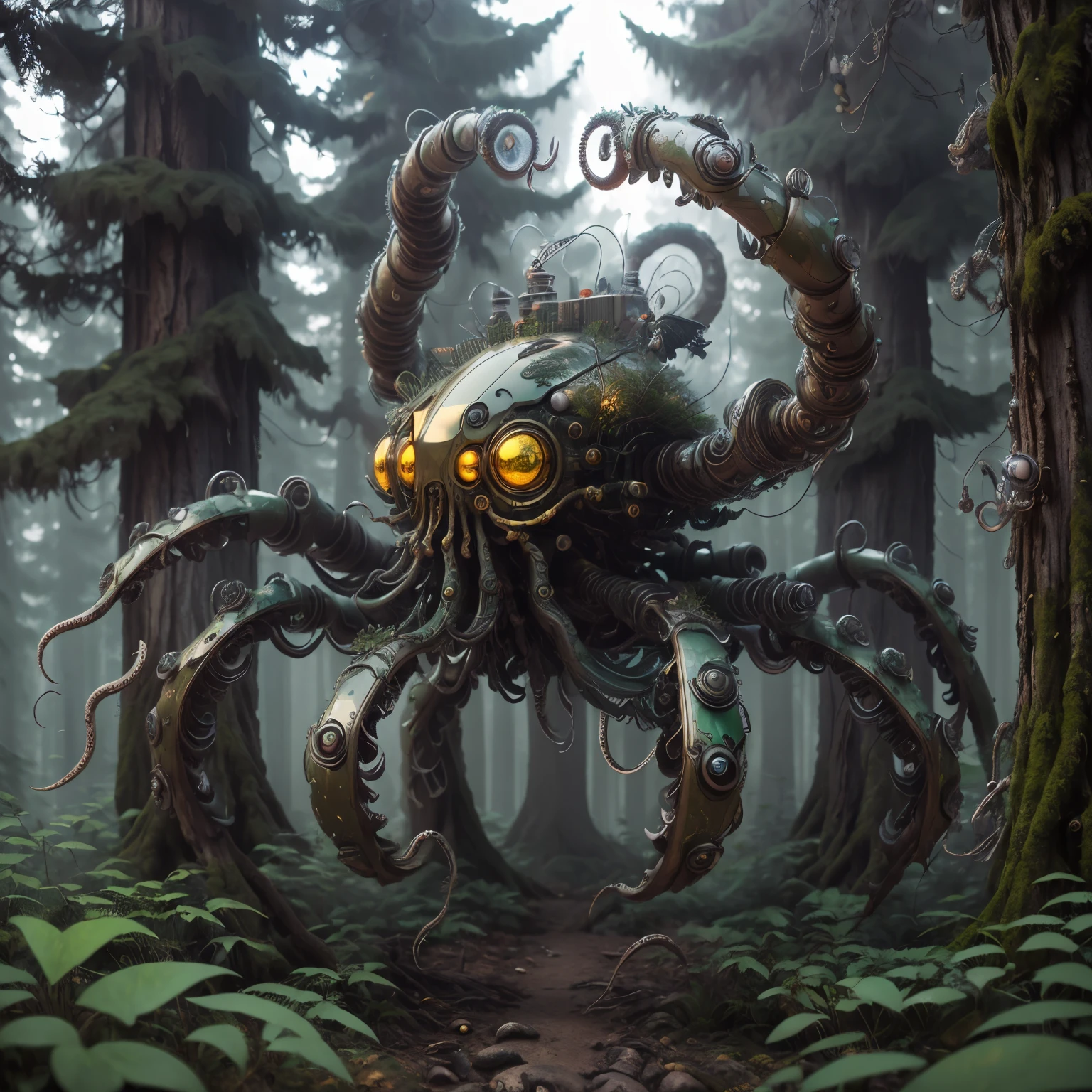 (最high quality, masterpiece, high detail), (8K, high quality, surreal), Octopus cyborg Mech4nim4lAI, (forest), 