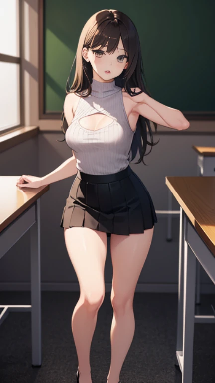 8K,(masterpiece:1.2, highest quality), realistic, detailed eyes,beautiful illustrations, (natural lighting), NSFW:1.0, (looking at the camera), (full body, Front view), (panty shot), 1 girl, Japanese,22 years old, female teacher,Slender body type,well-shaped chest, perfect face, Cute symmetrical face, shiny skin, (long hair, straight hair, light brown hair), asymmetrical bangs, (gold eyes), long eyelash, (medium breasts), thin, beautiful hair, beautiful face, (detailed and beautiful eyes), beautiful clavicle, beautiful body, beautiful breasts, beautiful thighs, beautiful feet, beautiful fingers, lace panties, ((Brown sleeveless high neck sweater, black tight mini skirt)), (beautiful scenery), evening, (school classroom), Are standing,Wearing black high heels, (embarrassing, upper eye, close your mouth),