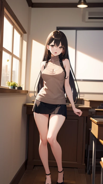 8K,(masterpiece:1.2, highest quality), realistic, detailed eyes,beautiful illustrations, (natural lighting), NSFW:1.0, (looking at the camera), (full body, Front view), (panty shot), 1 girl, Japanese,22 years old, female teacher,Slender body type,well-shaped chest, perfect face, Cute symmetrical face, shiny skin, (long hair, straight hair, light brown hair), asymmetrical bangs, (gold eyes), long eyelash, (medium breasts), thin, beautiful hair, beautiful face, (detailed and beautiful eyes), beautiful clavicle, beautiful body, beautiful breasts, beautiful thighs, beautiful feet, beautiful fingers, lace panties, ((Brown sleeveless high neck sweater, black tight mini skirt)), (beautiful scenery), evening, (school classroom), Are standing,Wearing black high heels, (embarrassing, upper eye, close your mouth),