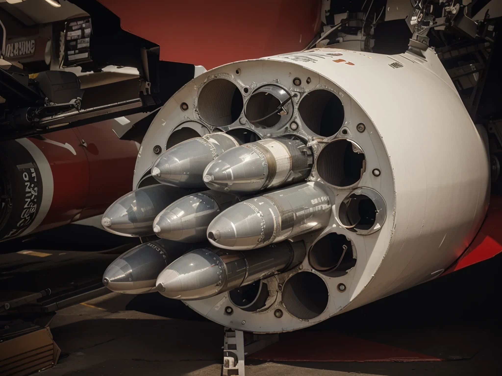 high-tech rocket launcher pod white color with red details, close-up close up, it is connected with cables and mechanical parts to the fuselage of an airplane, it is in the hangar of a high-tech laboratory, boxes and machinery, many tubes, 4k, Ultra detailed image, realistic, Highly detailed, perfect composition, splendid, Intricately detailed, Incredibly detailed, 8 k artistic photography, hyper detailed, Masterpiece, Ultra detailed, Hyperrealistic, 4k, Ultra detailed image, realistic, Highly detailed, perfect composition , splendid, Intricately detailed, Incredibly detailed, 8K fine art photography, hyper detailed, Masterpiece