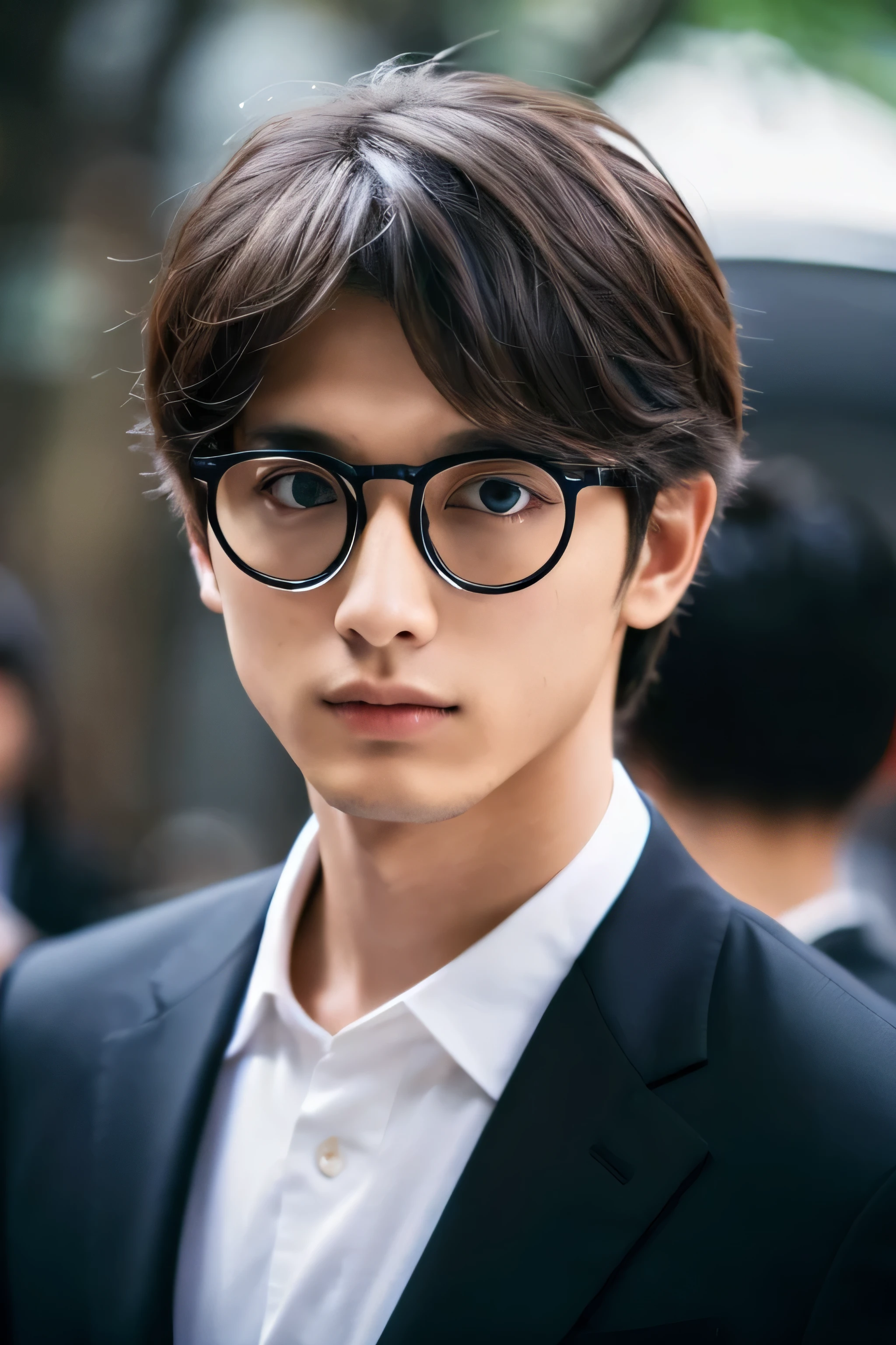 Under the street trees in Marunouchi, Tokyo、body whole、Hurry、Wearing transparent glasses、Talking on an iPhone、Holding a black bag handle、wearing frameless glasses、He wears a white shirt and a dark blue suit、A young and beautiful 23 year old man、I'm looking for a masterpiece photo that captures his exquisite features.. he wants super high resolution, Really detailed RAW photos. this gentleman has big eyes, dark brown hair, Fair skin, . A slim physique enhances his overall attractiveness,Highest quality finish, This photo highlights his charm.