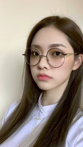 gold glasses,Long eyelashes, solid round eyes, View, straight hair, long hair, big deal , eyeball, cosmetic, shadow, high detail, 8K, Super details, precise, best quality, textured skin, full body image, expression, Face, angry eyes, Angry expression, from above, Wearing white nurse uniform, standing。
