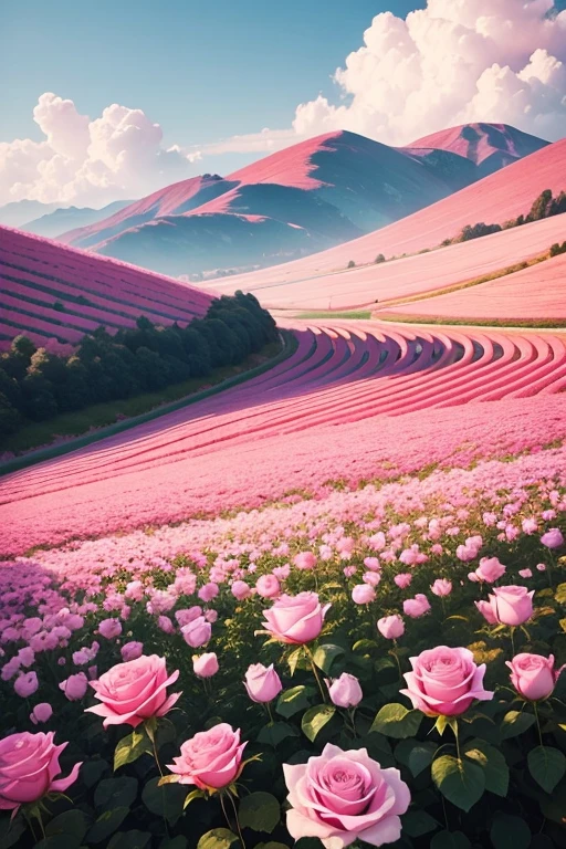 Colorful and pink rose field、close distance、Very beautiful、high quality、photograph