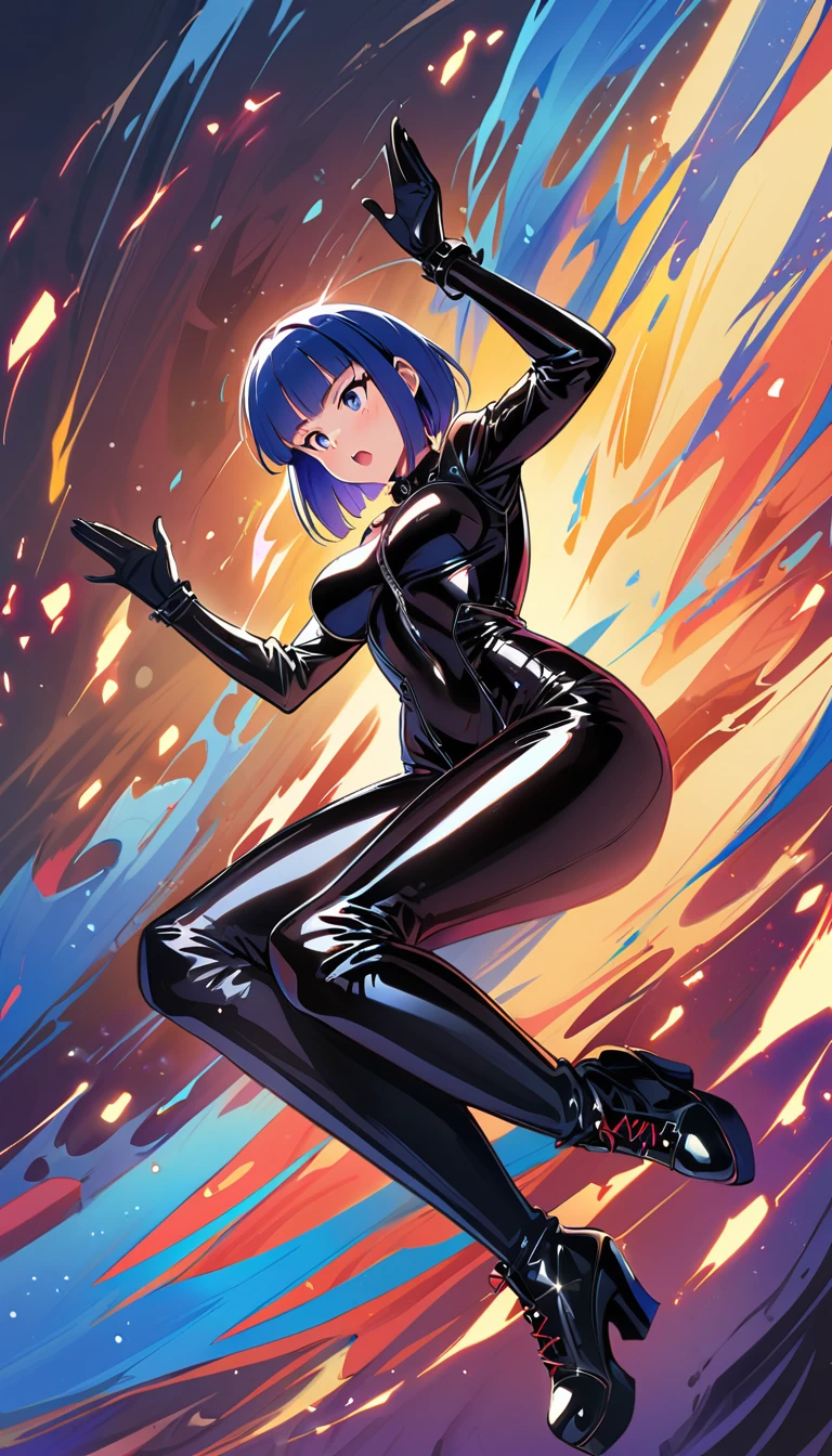 (Full body image of latex gothic fashion girl: 1.5), Japanese cartoons, alone, dark blue hair, blunt bangs, Straight short Bob, Blue three white eyes, (black latex gloves: 1.5), Latex knee-high boots, High-gloss finish, Sadist, Ultra Dynamic Angle, Hyper-dynamic pose , Super detailed, Super detailed background, 8K.
