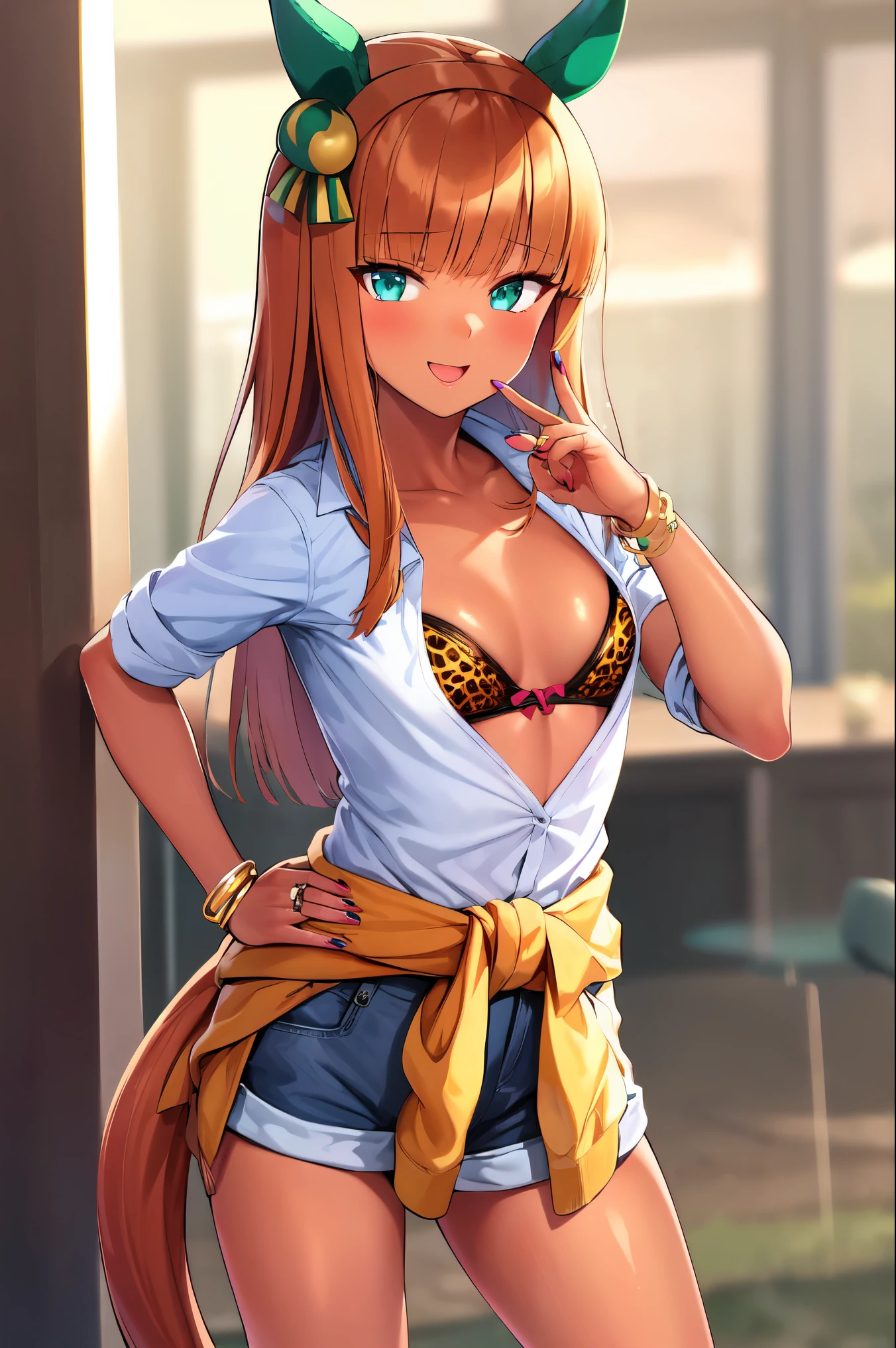 masterpiece, best quality, highres, silencesuzuka, green eyes, (horse girl, horse ears), horse tail, kogal gyaru, jewelry, hair ornament, bracelet, (tan), (makeup), polished nails, long fingernails, (flat chest), dress shirt, Denim shorts, bra peek, leopard print, dark skin, 😄, hands on waist