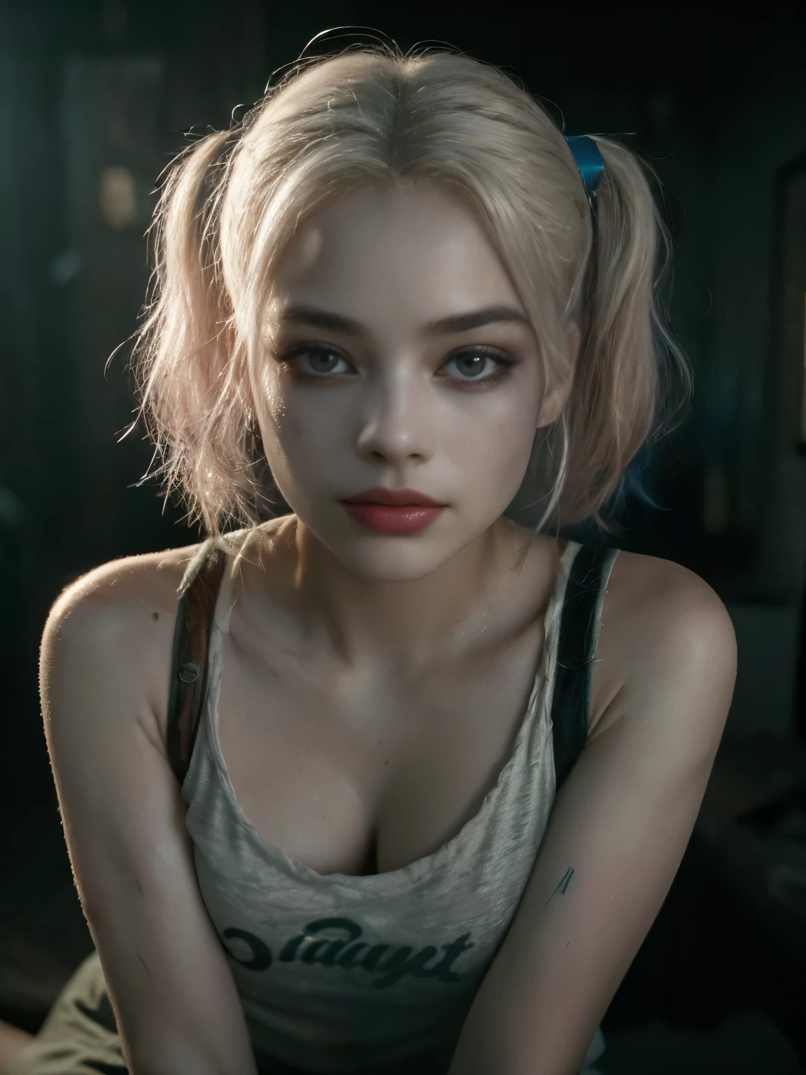 (8k, RAW photo, best quality, masterpiece:1.2), ultra detailed, official art, full-body shot, photo-realistic:1.37, , nipple visible through shirt, DC Harley Quinn, film grain, Dynamic pose, she is about to pull her shirt up, shot focused on her chest. (Perfect skin, without blemishes or marks).  ((best quality, 8k, masterpiece: 1.3)), focus: 1.2, perfect figure beautiful woman: 1.4, perfect breasts: 1.2, ((layered haircut, beautiful breasts: 1.2)), (real clothing textures: 1.1), (smooth Posture), clothing: 1.1, Highly detailed facial and skin texture, A detailed eye, double eyelid, brighten skin, real hair, “Visualize a character who radiates an aura of mystery and fascination.  Her skin is so realistic that every texture and hue seems to pop out of the image, reflecting light and shadow perfectly.  Skin should display subtle nuances of color, from the warm tones of natural blush to the cool shadows under the eyes, capturing the complexity and beauty of human skin in all its vivid detail.  (Professional realistic photography style).