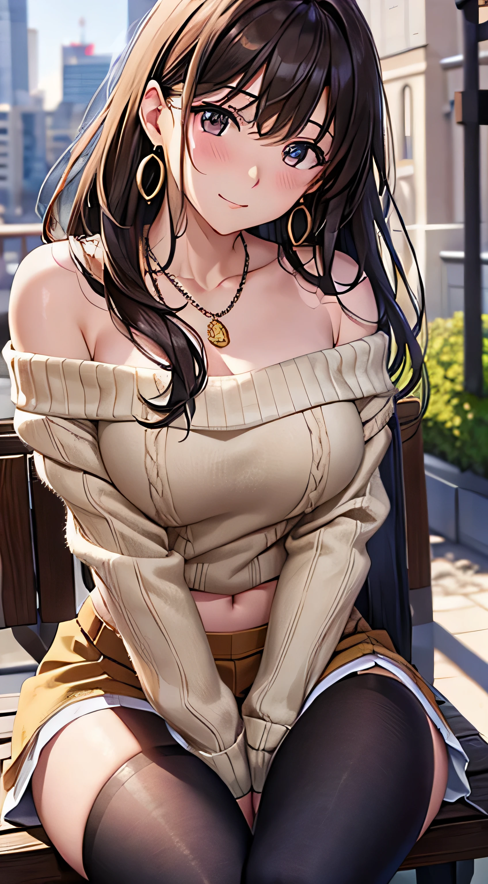 masterpiece, best quality,  <lora:yamibouquill-nvwls-v1-000009:0.9> yamibouquill, wavy hair, dark skin, hair flower, large breasts, yellow sweater, jeans, sitting, chair, table, looking at viewer, indoors, smile