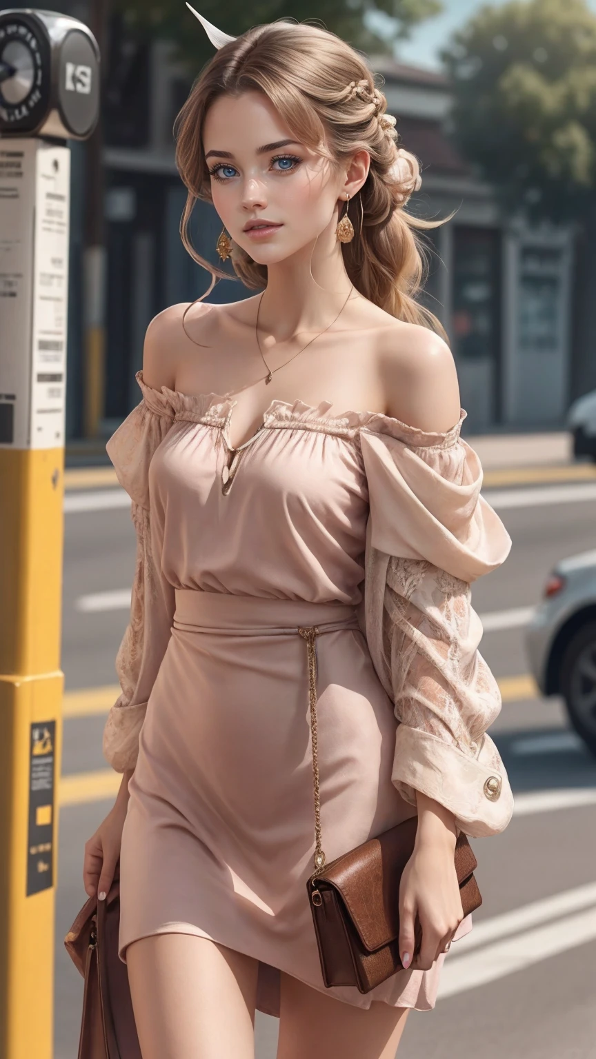 (最high quality, 8K, masterpiece: 1.3, Ultra HD, high quality, 最high quality, High resolution, realism)) 、25 year old white woman、brunette、blue eyes、long hair、smile、slender、slenderだがアスリートのような細マッチョ、I don't want my head to disappear from the screen.、Wear accessories on your wrist、Wearing red nail polish、I have a peticure、Wear a sheer, off-the-shoulder bodycon top、wear sandals、have a clutch bag、Skyscraper background、Waiting for a traffic light at an intersection、crystal earrings((crystal earrings))、inner color((colored inner hair))、long hair ((long hair))、Undercut Hair((undercut))、dark blonde、Triple tail((tri tailultiple ahoge((antenna hair))