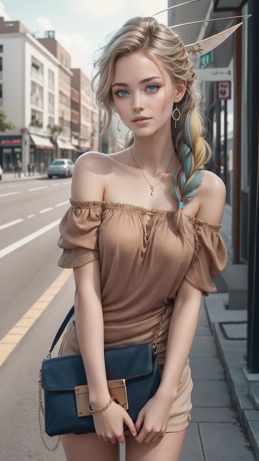 (最high quality, 8K, masterpiece: 1.3, Ultra HD, high quality, 最high quality, High resolution, realism)) 、25 year old white woman、brunette、blue eyes、long hair、smile、slender、slenderだがアスリートのような細マッチョ、I don't want my head to disappear from the screen.、Wear accessories on your wrist、Wearing red nail polish、I have a peticure、Wear a sheer, off-the-shoulder bodycon top、wear sandals、have a clutch bag、Skyscraper background、Waiting for a traffic light at an intersection、crystal earrings((crystal earrings))、inner color((colored inner hair))、long hair ((long hair))、Undercut Hair((undercut))、dark blonde、Triple tail((tri tailultiple ahoge((antenna hair))