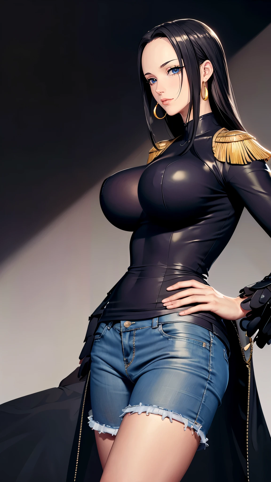 (((完美figure,figure,Black T-shirt, denim jacket, denim shorts, (((boa hancock,Dark long hair, combed with a chiffon hairstyle, slightly wide forehead smooth and flat, deep blue eyes, slender and delicate corners of the eyes, almond eyes exuding a hint of coldness, nose bridge high and straight, nose small and delicate, lips soft without any wrinkles. Wearing a pair of snake shaped golden earrings under the ears)))((masterpiece)),high resolution, ((Best quality at best)),masterpiece,quality,Best quality,((( Exquisite facial features,looking at the audience,There is light in the eyes,Happy,lol))),型figure:1.7))),(((Interlacing of light and shadow,huge boobs))),(((looking into camera,black background,bend over)))
