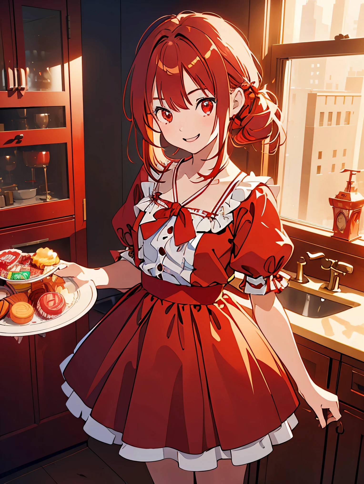 (??? girl1,10 years ago),(red hair,knot hair,Hair strips),(red eyes,smile,red Dress decorated),standing in home,(She holds a plate full of candy in her hands),highly detailed CG, unit, 8K wallpapers, highest quality, high resolution, beautiful lighting, realistic shadow,detailed face Highly,detailed eyes Highly,detailed hair 