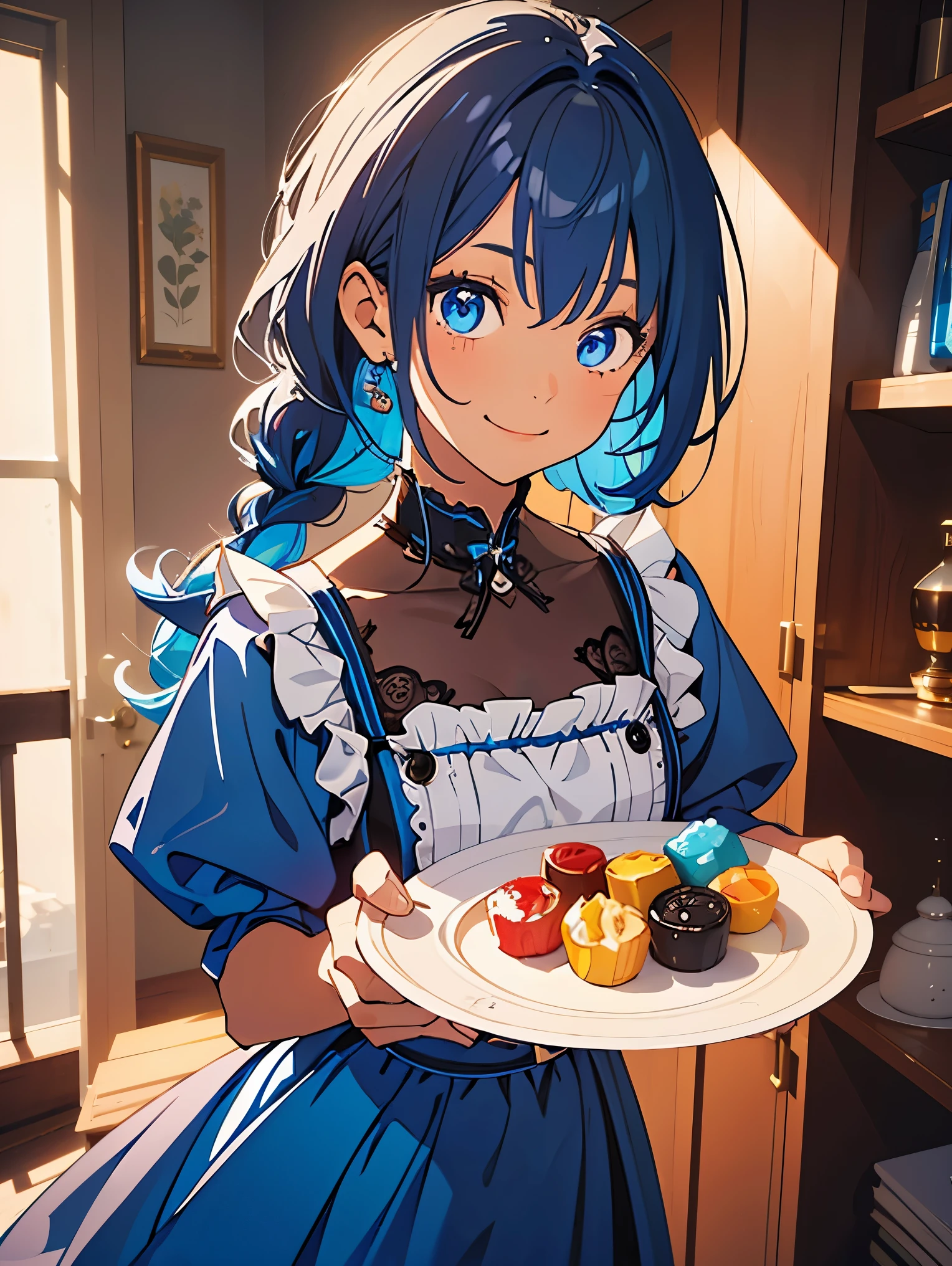 (??? girl1,10 years ago, black skin),(blue hair,curly hair,Hair strips),(blue eyes,smile,Dress decorated),standing in home,(She holds a plate full of candy in her hands),highly detailed CG, unit, 8K wallpapers, highest quality, high resolution, beautiful lighting, realistic shadow,detailed face Highly,detailed eyes Highly,detailed hair