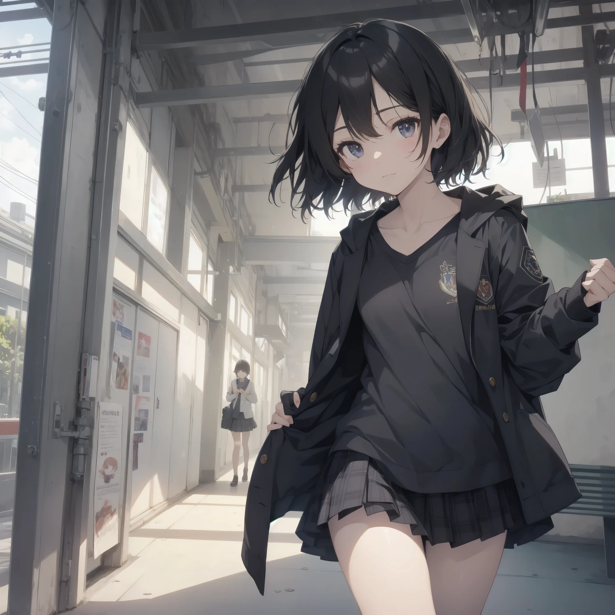 ultra-absurdres-Top quality by artist God, ultra-detailed, high resolution, anime moe artstyle, best anime 8k konachan wallpaper, pixiv contest winner, perfect anatomy,break, 1girl, (Please draw a girl walking sleepily to school alone. )break,(Solo,little female, -yeld:1.Full limbs, complete fingers,a junior hiiveness of immature bodies, (very short hair), short cut, flat chest, , small butt, small black eyes, beautiful detailed eyes, well-proportioned iris and pupils, expressive eyes, highres detailed hair, soft expression, school_uniform, white shirt, pleated skirt,(Detailed Lighting), (Detailed background), in the School commute route. break,super detailed skin, Best cinematic lighting powered by famous artist, 8k,beauty illustration,photoshop_(medium),very aesthetic,break,((artist:asutora )), artist:akinashi yuu ,artist:oyari ashito ,artist:kantoku ,
