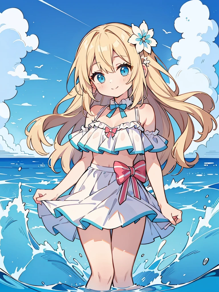 an animated character standing on a beach with a clear blue sky and fluffy white clouds overhead. The sea is a vivid turquoise with gentle waves lapping onto the sandy shore. The character has fair skin and short, wavy blonde hair with a blue flower accessory on the side. Her eyes are a bright blue, and she is looking directly at the viewer with a subtle smile. She wears a ruffled, white bikini with light blue ribbons and frills. The top has a tie-up detail at the center and thin straps over the shoulders. The character is playfully lifting the edges of a matching ruffled skirt, revealing bikini bottoms underneath with similar ribbon details on the sides. Her posture is relaxed yet playful, capturing a moment of carefree summer fun.