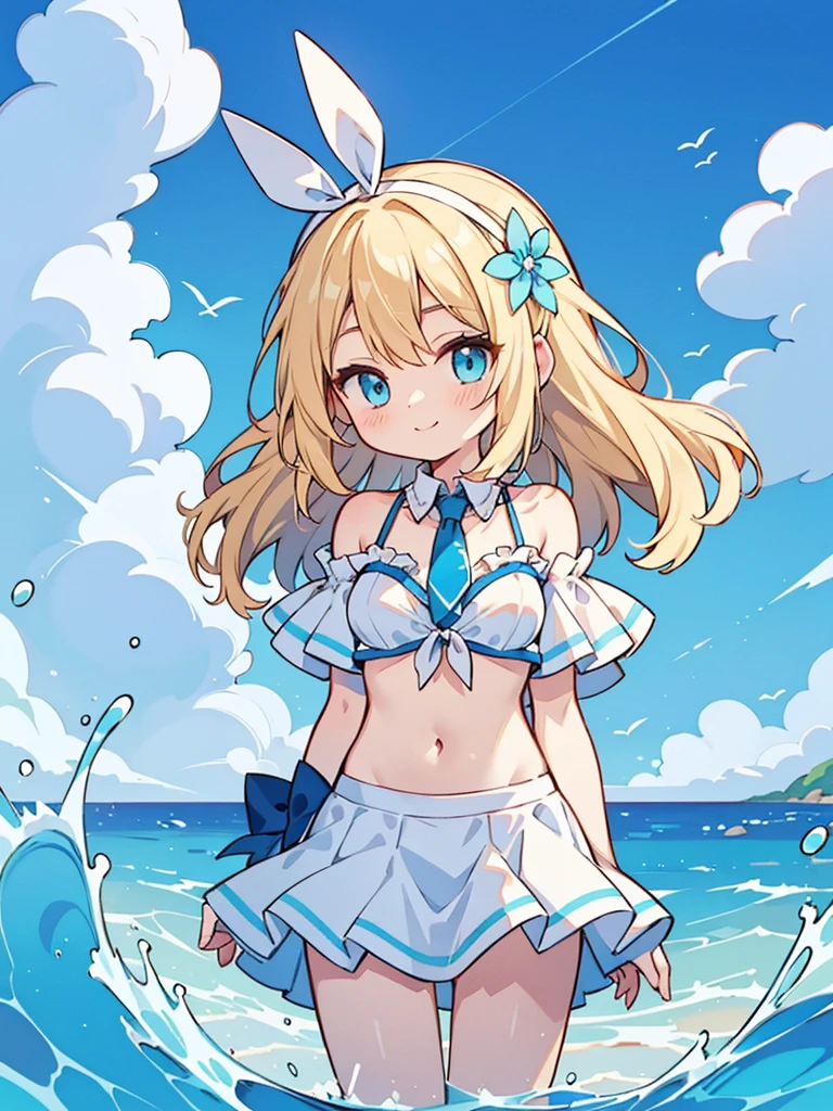 an animated character standing on a beach with a clear blue sky and fluffy white clouds overhead. The sea is a vivid turquoise with gentle waves lapping onto the sandy shore. The character has fair skin and short, wavy blonde hair with a blue flower accessory on the side. Her eyes are a bright blue, and she is looking directly at the viewer with a subtle smile. She wears a ruffled, white bikini with light blue ribbons and frills. The top has a tie-up detail at the center and thin straps over the shoulders. The character is playfully lifting the edges of a matching ruffled skirt, revealing bikini bottoms underneath with similar ribbon details on the sides. Her posture is relaxed yet playful, capturing a moment of carefree summer fun.