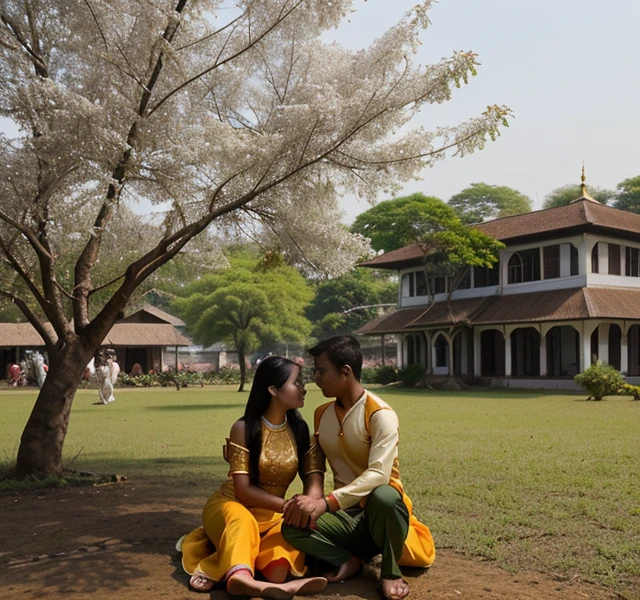 A picture of the Burmese festival of a young couple in traditional costumes under a big saffron tree