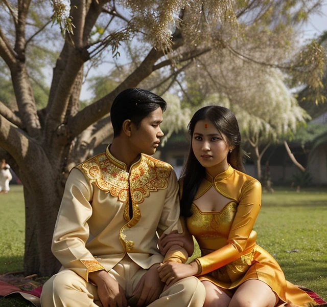 A picture of the Burmese festival of a young couple in traditional costumes under a big saffron tree