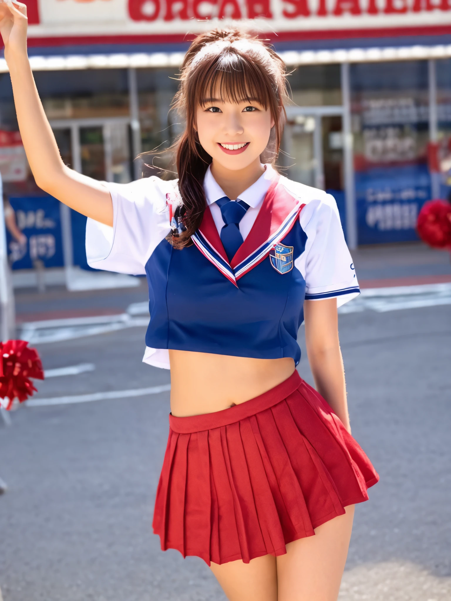 japanese girl、girl in her 20s、perfect body shape、Transparency、big breasts、cheerleader uniform、fiery idol pose、big breasts、shiny thighs
