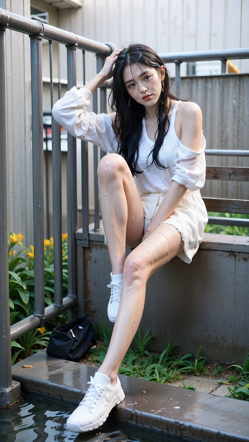 best image quality, masterpiece, super high resolution, (fidelity:1.4), photo, 1 girl, white shirt, torn jeans, white sneakers, dim, darkness, despair, pity, poor, movie, tears, teardrops, (torn clothes:1.5), (wet clothes:1.4), bare shoulders, real rain, wet hair,..
