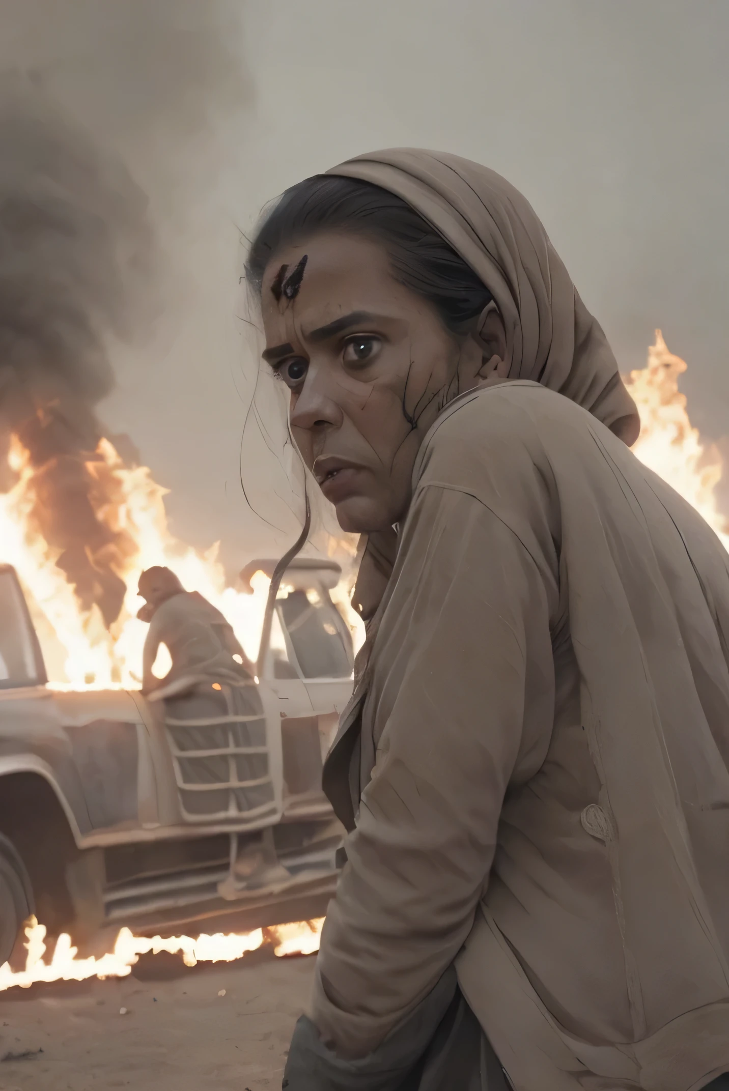 Arafi women in front of a burning car, author:Ibrahim Kodra, 8k movie still, author:Herakli Nadal, ( apocalyptic ) 8k, Award-winning movie stills, movie still 8k, Iraqi Nadal, apocalyptic 8k, apocalyptic 8K, Pulitzer Prize for Photography, 4k / 8k, 4K/8K