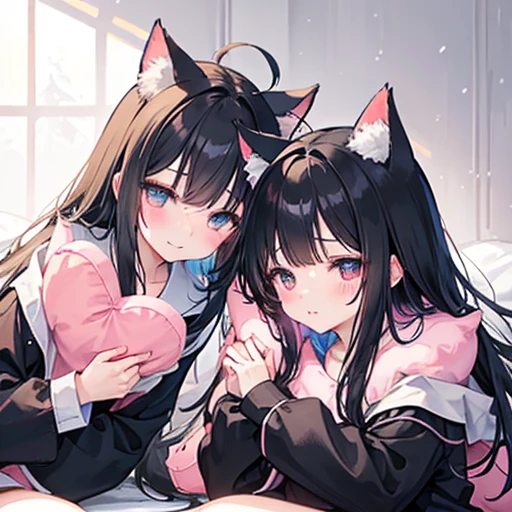 black hair、Cat ear、、smile、blushing cheeks、snow、Alice、small breasts、sitting on the bed、Sitting like a clumsy 、sleepy eyes、Pajamas、yawning、Holding a body pillow、Ahoge、twins、happy eyes、Emotionally-intense、sisters、2 people、In focus、Pink heart in a black eye、