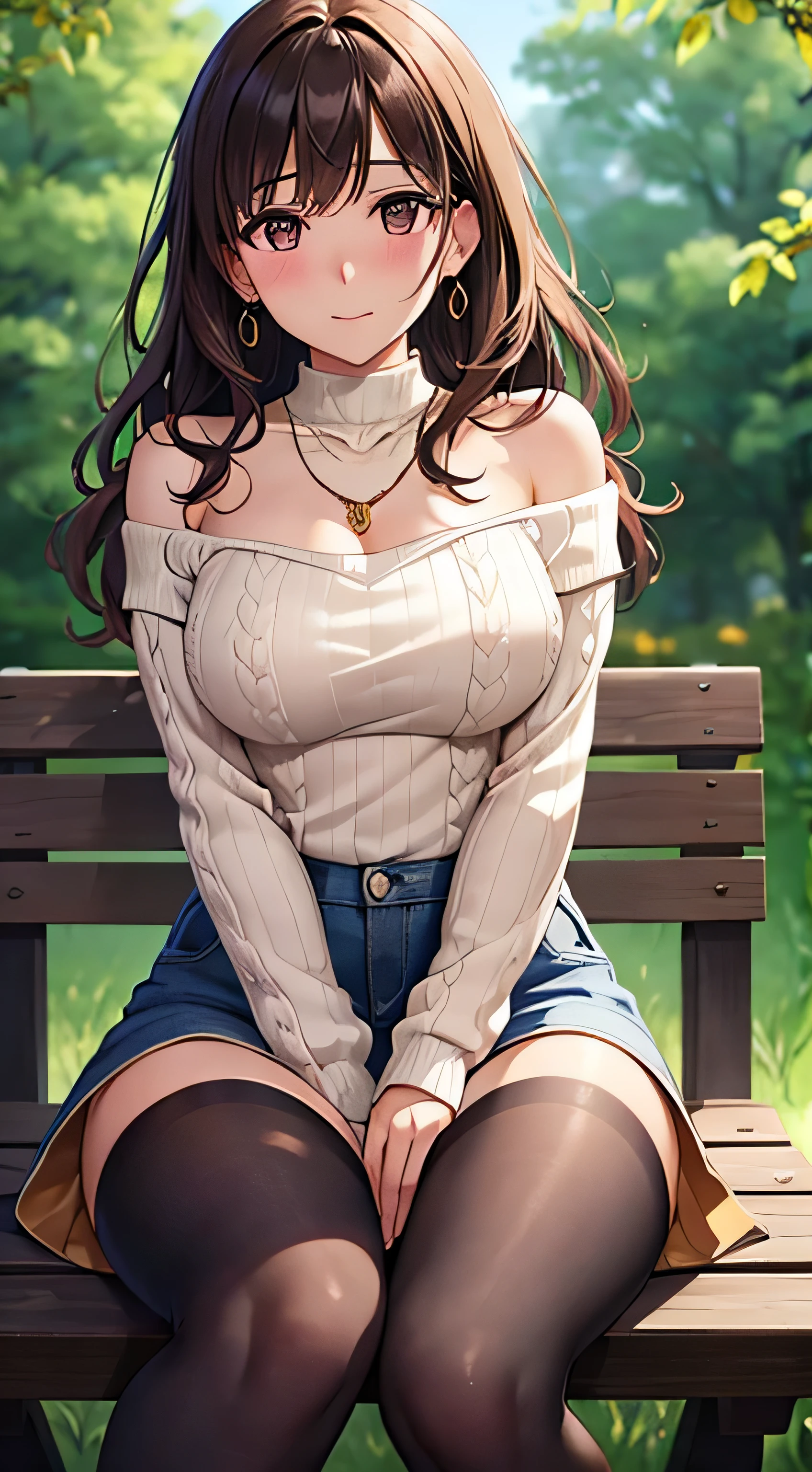 (table top, highest quality, High resolution, , perfect pixel, 4k,), 1 girl, single, alone, Beautiful woman、I could see the whole body、 ((wavy middle hair, bangs, brown hair)), ((brown eyes, beautiful eyelashes, realistic eyes)), ((detailed face, blush:1.2)), ((smooth texture:0.75, realistic texture:0.65, realistic:1.1, Anime CG style)), medium breasts, dynamic angle, perfect body, ((, beige off shoulder sweater、Tight denim skirt、black stockings、cute necklace、earrings、)), upper grade、shy smile、university campus、sit on a bench、open legs、angle from below、Put your arms together to accentuate your cleavage、、((Pink lace panties are visible))、