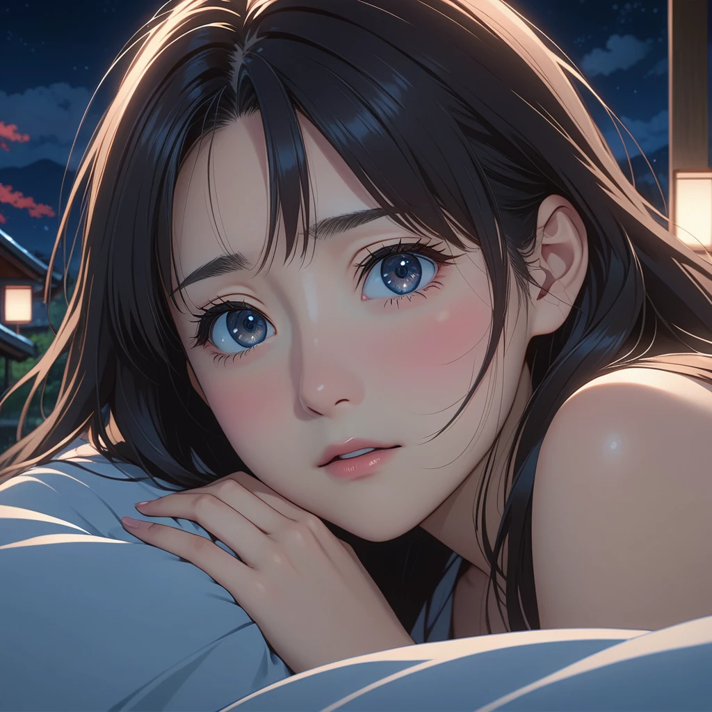 masterpiece, High resolution, illustration, kyoto animation style, Your name is cinematic style, night, midnight, Light, (1 female: 1.3), (alone: 1.4), long eyelashes, long hair, nose blushing, futon, confused, naked, face close-up, Hide with hands , Hide with hands,