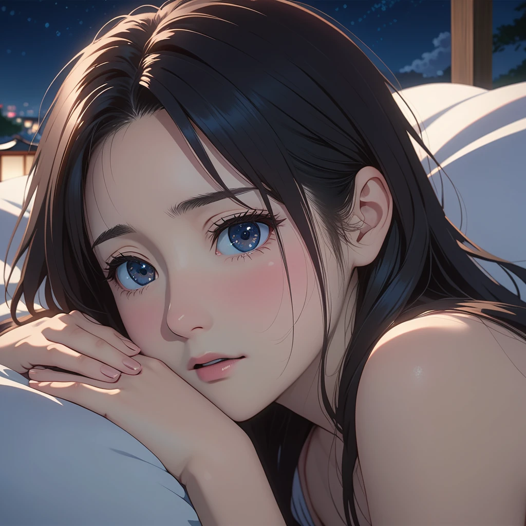 masterpiece, High resolution, illustration, kyoto animation style, Your name is cinematic style, night, midnight, Light, (1 female: 1.3), (alone: 1.4), long eyelashes, long hair, nose blushing, futon, confused, naked, face close-up, Hide with hands , Hide with hands,