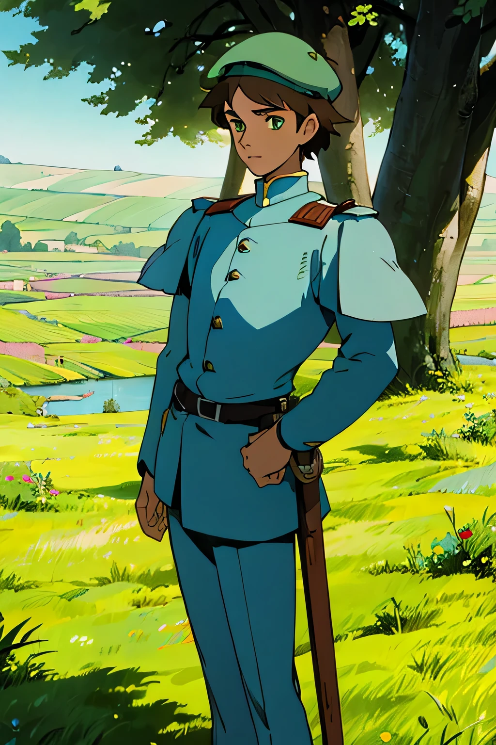 male, knight, beret, brown skin, aqua green eyes, brown hair, , close up, fields background, standing under tree