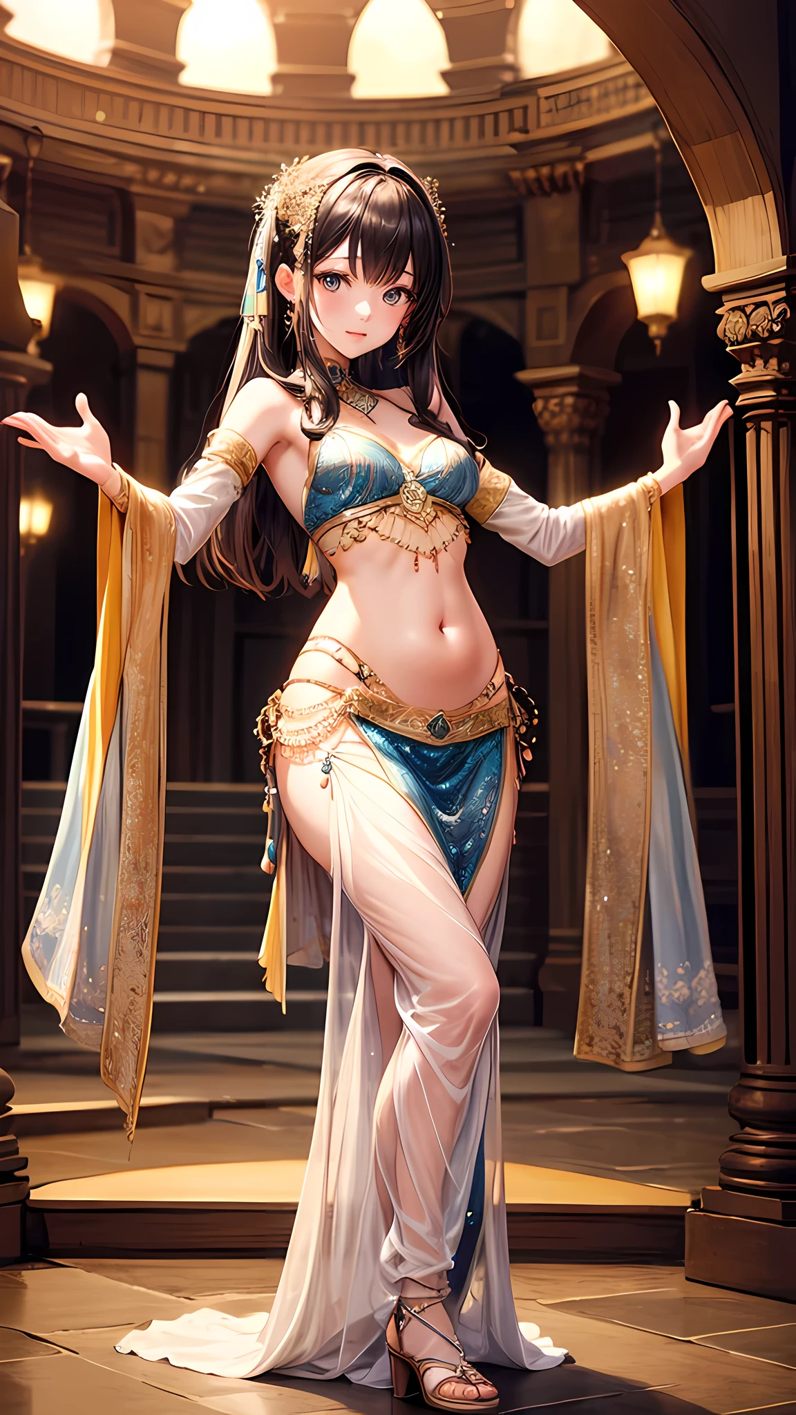 (((depict cute girl))), dance, brown hair, long hair, straigh hair, green eyes, sunshine, ((topless)) nice hips, (((light blue transparent veil pajama pants))), ((pretty white panties stick out)), (Masterpiece, Excellent, complex details), delicate girl, delicate face, sumptuous palace, large windows, gold and precious stone jewelry