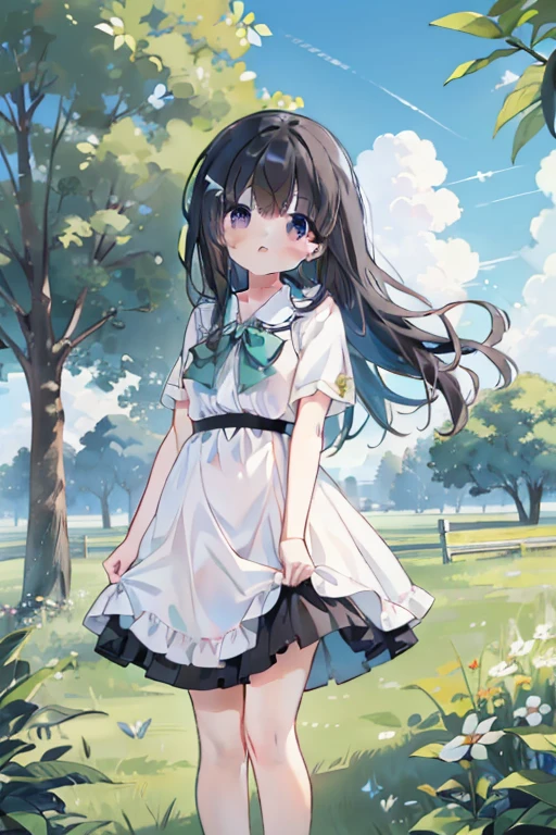 ((masterpiece)), ((highest quality)), (Super detailed), ((cute)), cute, (Lovely), figure, Chibi, green grassland, beautiful blue sky, white cumulonimbus cloud, contrail, shining sun,  daytime, summer, a cute girl, 1 girl, alone, one piece dress, beautiful black hair, beautiful black eyes, ((beautiful eyes)), long hair, light smile, meadow grass swaying in the wind,