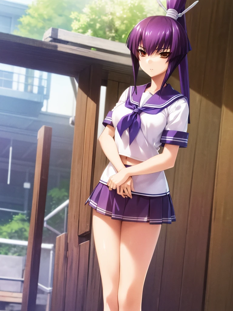 nsfw , Koubuin Yuuhi, , (((highres official art))) , (((1girl))) , (((solo))) , (((school uniform))) , (((mini skirt))) , blue hair , purple hair , high ponytail , standing ,outdoor , (((cowboy shot)))