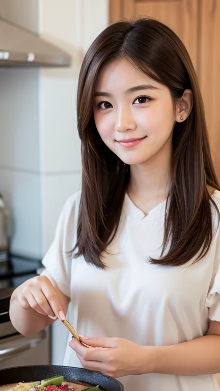 brown hair,medium hair,18 year old female, small nose, with the correct look, Cute natural smile, Japanese facial features, Clean and cute face, cute realistic portrait, asian face, 8k photo, soft makeup,natural skin texture,Raw photo,highest quality,Full Body Shot,cooking