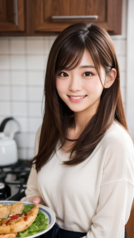 brown hair,medium hair,18 year old female, small nose, with the correct look, Cute natural smile, Japanese facial features, Clean and cute face, cute realistic portrait, asian face, 8k photo, soft makeup,natural skin texture,Raw photo,highest quality,Full Body Shot,cooking