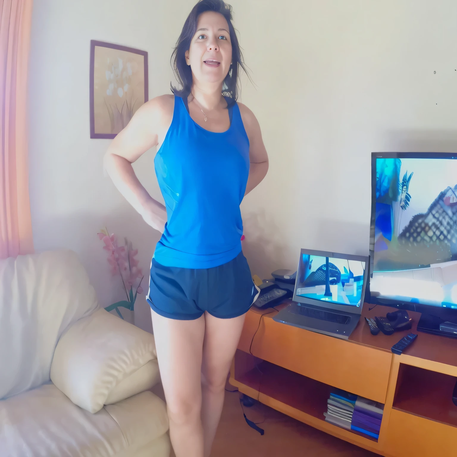 there is a woman laughing, standing in front of a television in a living room, wearing short sports shorts and tight, short dark blue shorts, wearing a blue tank top and tight, short shorts, a t-shirt and sports shorts, wearing a t-shirt and tight, short shorts, wearing gym equipment, in short shorts, dressed in a top and shorts, short blue shorts, looking at the camera, 35 year old Brazilian mother using gym equipment, fitness body. Full body photo in high resolution and high quality, 8k.