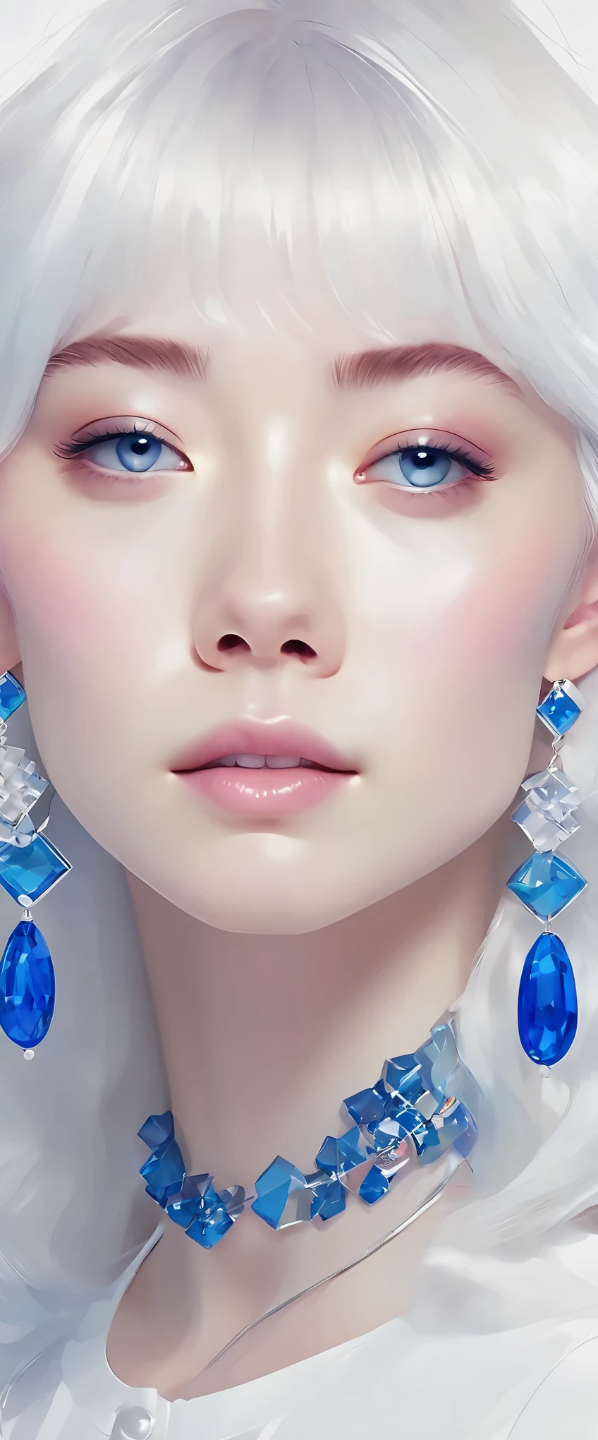 minimalist，fashion girl，white hair，blue background，Wearing special earrings，Bohemian style，Defined eyelashes，Full bright blue eyes，clean通透的眼珠，close up，Portrait facing camera，Smile flat illustration，Geometry，clean，japanese manga