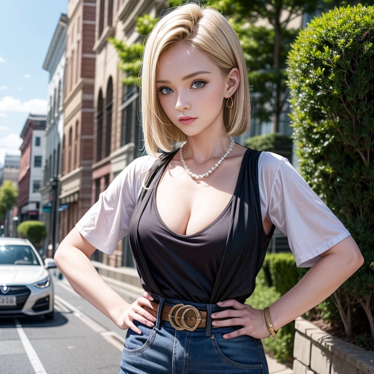 best qualtiy、Hi-Res、and18、1 girl、Android 18、solo、blonde  hair、narrow, blue eyes、a belt、JINS、Pearl Necklace、A bracelet、Black Gloves、white  shirt、short-hair、shortsleeves、earrings、Blue Pants、Open Best、Black vest, Colossal tits, cowboy  shot, Street, Straight,Put your hands on your hips
,fit clothes,