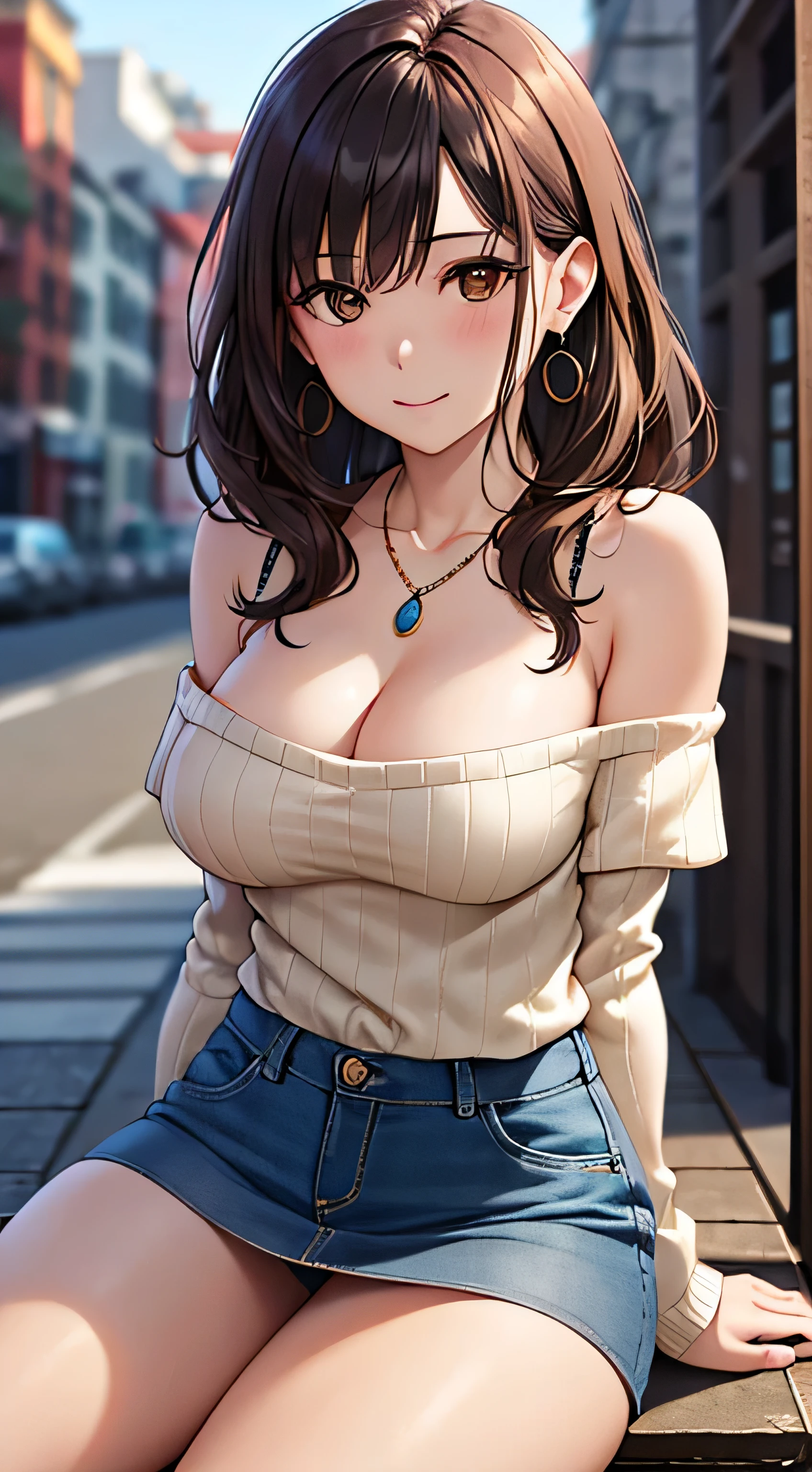 (table top, highest quality, High resolution, , perfect pixel, 4k,), 1 girl, single, alone, Beautiful woman、I could see the whole body、 ((wavy middle hair, bangs, brown hair)), ((brown eyes, beautiful eyelashes, realistic eyes)), ((detailed face, blush:1.2)), ((smooth texture:0.75, realistic texture:0.65, realistic:1.1, Anime CG style)), medium breasts, dynamic angle, perfect body, ((, beige off shoulder sweater、Tight denim skirt、black stockings、cute necklace、earrings、)), upper grade、shy smile、university campus、sit on a bench、open legs、angle from below、Put your arms together to accentuate your cleavage、、((Pink lace panties are visible))、