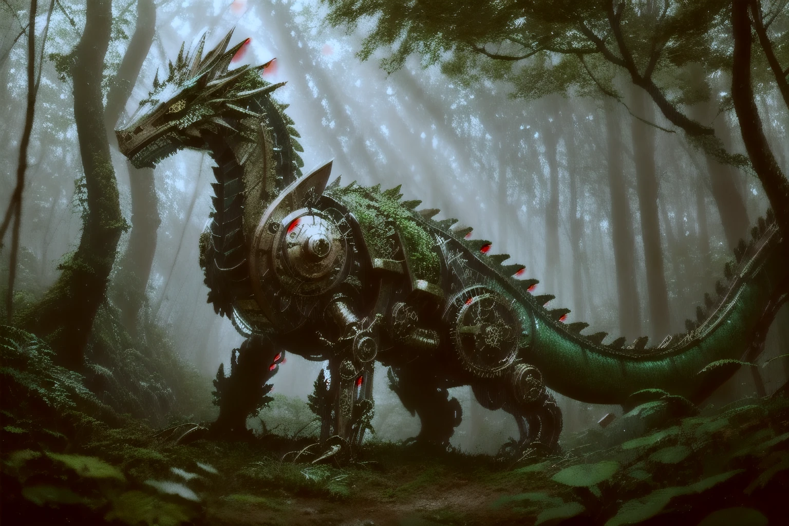 Close-up image of an ancient clockwork dragon, brass and steel, Nestled in a lush forest, bright green leaves, rusty gears, Mossy, ((masterpiece)), ((highest quality)), intricate mechanical details, (steampunk:1.2), (Natural regeneration:1.3), (fantasy:1.1), fantastic morning light, bright, cinematic, cinematic, wide shot, 4k, Backlight, cinematic Lighting, volume light, Ray tracing reflections, chromatic aberration, surreal, 4k, 8K,