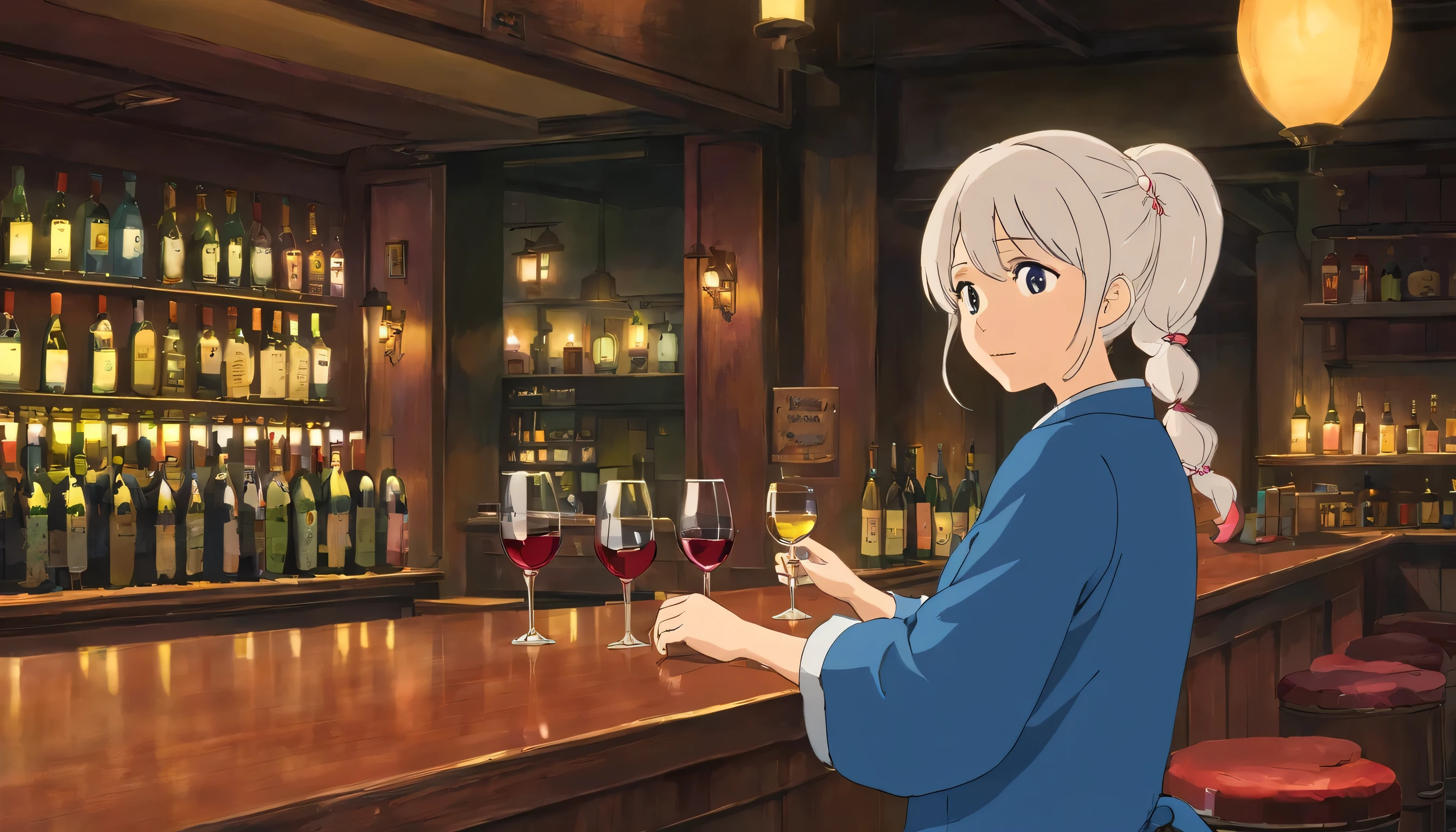 Background: A stylish bar counter that reminds you of the early Showa era in a dimly lit shop. The inside of the store is quiet and creates an atmosphere with a little jazz music playing. - **Character 1: One woman with white and straight Ponytail hair. wine in hand. Beautiful big breasts: 1.3,sad expression,Y-shirt Long coat coordination、I sit at the counter seat and look at the wine glasses and think,The bartender is looking at you.Looking at the wine glass with a sad expression(Inside the dark store)