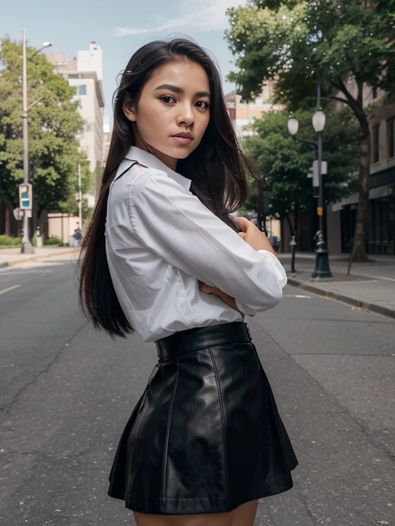 filipino girl taking photos in uniform, taken with canon eos r 6 camera, university background. Elegant black suit and skirt. The girl wears a black suit, a white shirt and a black skirt, she wears long black leather lace-up shoes. She emphasizes the classic style. The images are of the highest quality (best quality, 8K resolution, high resolution, nffsw:1.2). It provides extremely detailed and photorealistic visual effects. This scene features special effects reminiscent of the TV legal series "Suits", creating a dynamic and lively atmosphere. Around the girl are various symbols and elements that represent elegance, wealth and classic style Lighting: Highlight the unique, uniformly created to bring out the vibrant colors of the artwork. Composition: Capture the enthusiasm and creativity of a girl posing for the perfect photo on a modern street near a city park.