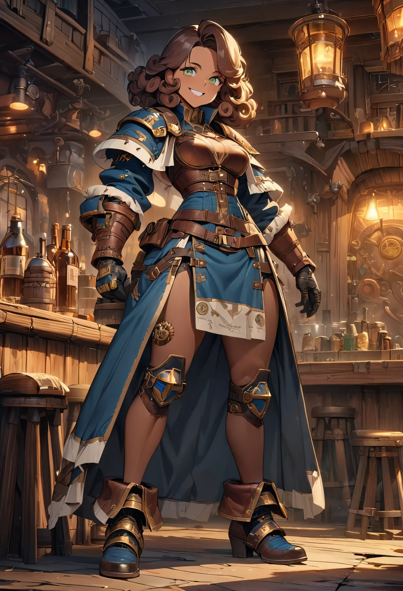 (masterpiece:1.2, best quality:1.1), HD, best illustration, intricate details, 8K, anime - style, Female Bard, Female, Warhammer 40k, Solo, Detailed Face, Blue Cloth, White Trim, Full Body, Brown Hair, Medium Hair, Curly Hair, Tall, Slender, Gold trim, Science Fiction, Looking at Viewer, Dark Skin, Smile, Happy, Green Eyes, Detailed Eyes, Leather Armor, Bar, Tavern, Steampunk Tavern,