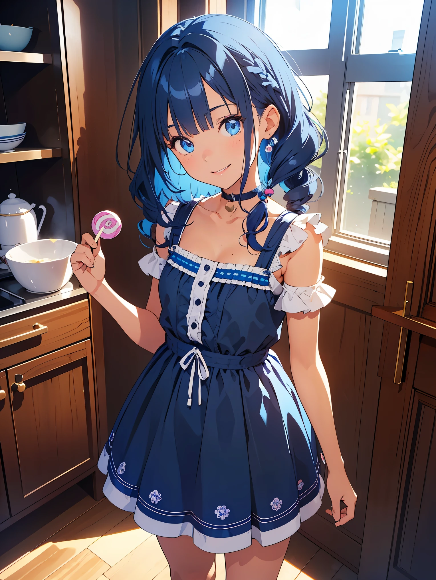 ( girl1,10 o, black skin),(blue hair,curly hair,Hair strips),(blue eyes,smile,Dress decorated),standing in home,(Bear a candy dish),highly detailed CG, unit, 8K wallpapers, highest quality, high resolution, beautiful lighting, realistic shadow,detailed face Highly,detailed eyes Highly,detailed hair 