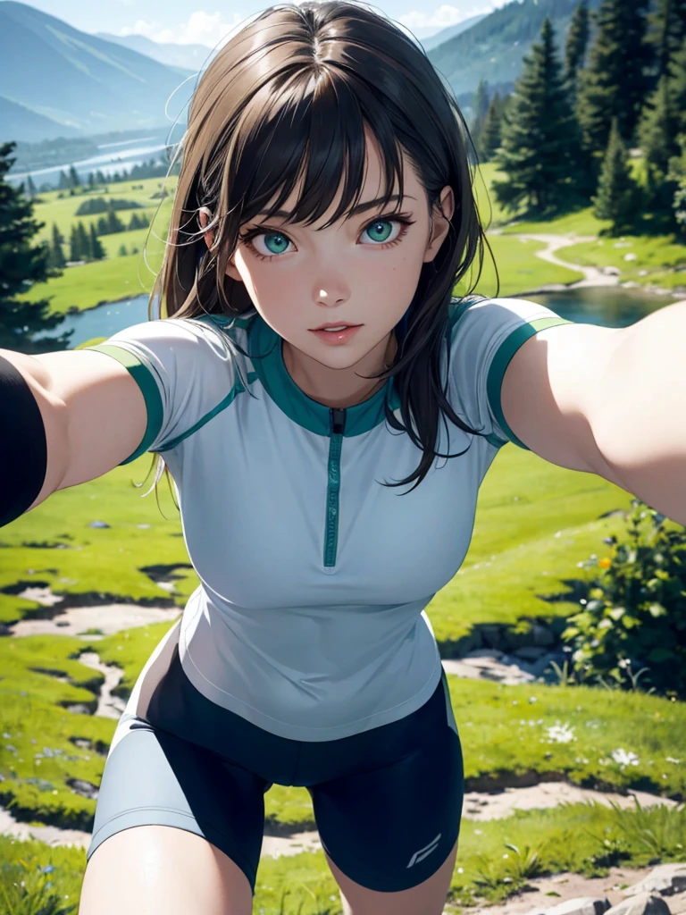 (we see her from above), ultra high definition, best quality, masterpiece, highres, (colorful), artstation, concept art, smooth, sharp focus, illustration, sport girl, Hyperrealism small breast, small hips, detailed face, delicate face, focus on face, ((pov)), ((selfie)), wide eyes, green eyes, brown hair, round face, (lightly muscled body), climbing a mountain, mountain, outdoor