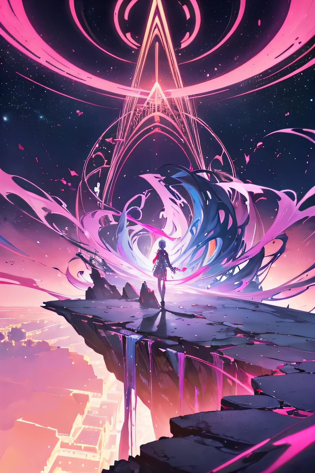 In the ethereal glow of a magenta-tinted world, a lone figure stands atop a precipice, transfixed by the breathtaking sight before him.
Below, nestled within the cradle of the cliff's embrace, lies a city unlike any other—a metropolis born of dreams, a testament to the boundless creativity of the human spirit.As the radiant sun casts its warm embrace over the scene, every corner of this surreal cityscape is illuminated with a heavenly glow, painting the landscape in hues of rose and gold. Skyscrapers stretch skyward like towering monoliths, their angular silhouettes cutting a striking contrast against the horizon.Yet, there's an otherworldly quality to this city, an aura of the fantastical that defies logic and reason. Streets twist and turn in mesmerizing patterns, leading the eye on a journey of discovery through alleyways adorned with shimmering lights and cascading waterfalls.
For the man on the cliff's edge, this sight is nothing short of miraculous—a city that was never meant to be, yet exists in all its splendor before his eyes. In this moment, he feels a swell of emotion rising within him—an overwhelming sense of wonder, gratitude, and perhaps even a hint of melancholy for the beauty of a world that exists only in dreams.