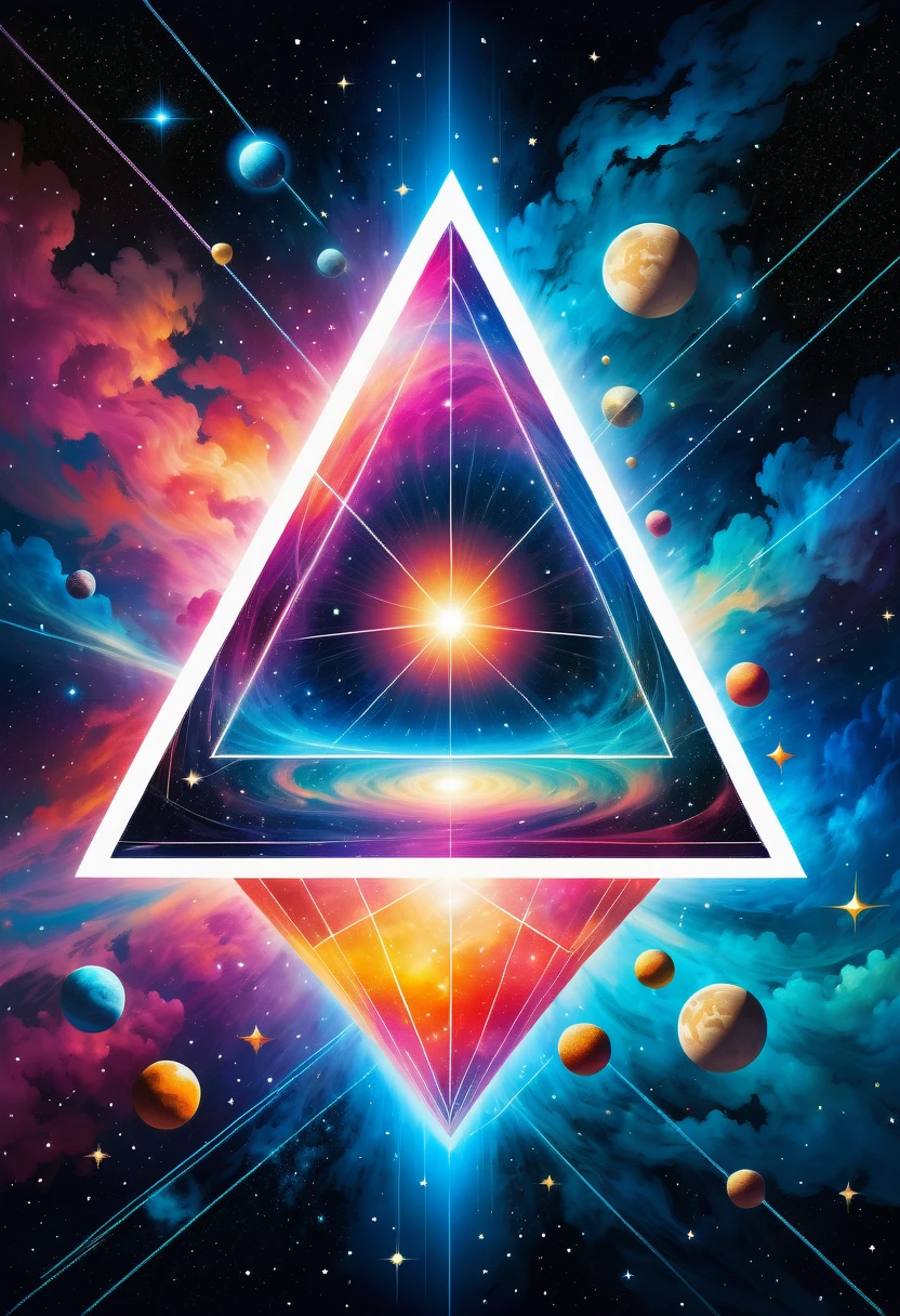 Giant triangle cybernetics，Magnificent cosmic starry sky background，Intricate illustration in surreal art style，surreal dream，Dubrec style，Transparent geometric shape close-up，（multiple exposure：1.8），